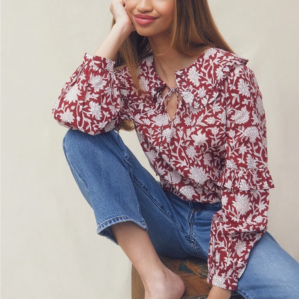 Ophelia & Indigo Women's Betsy Blouse Red Long Sleeve Floral Size Large NWT